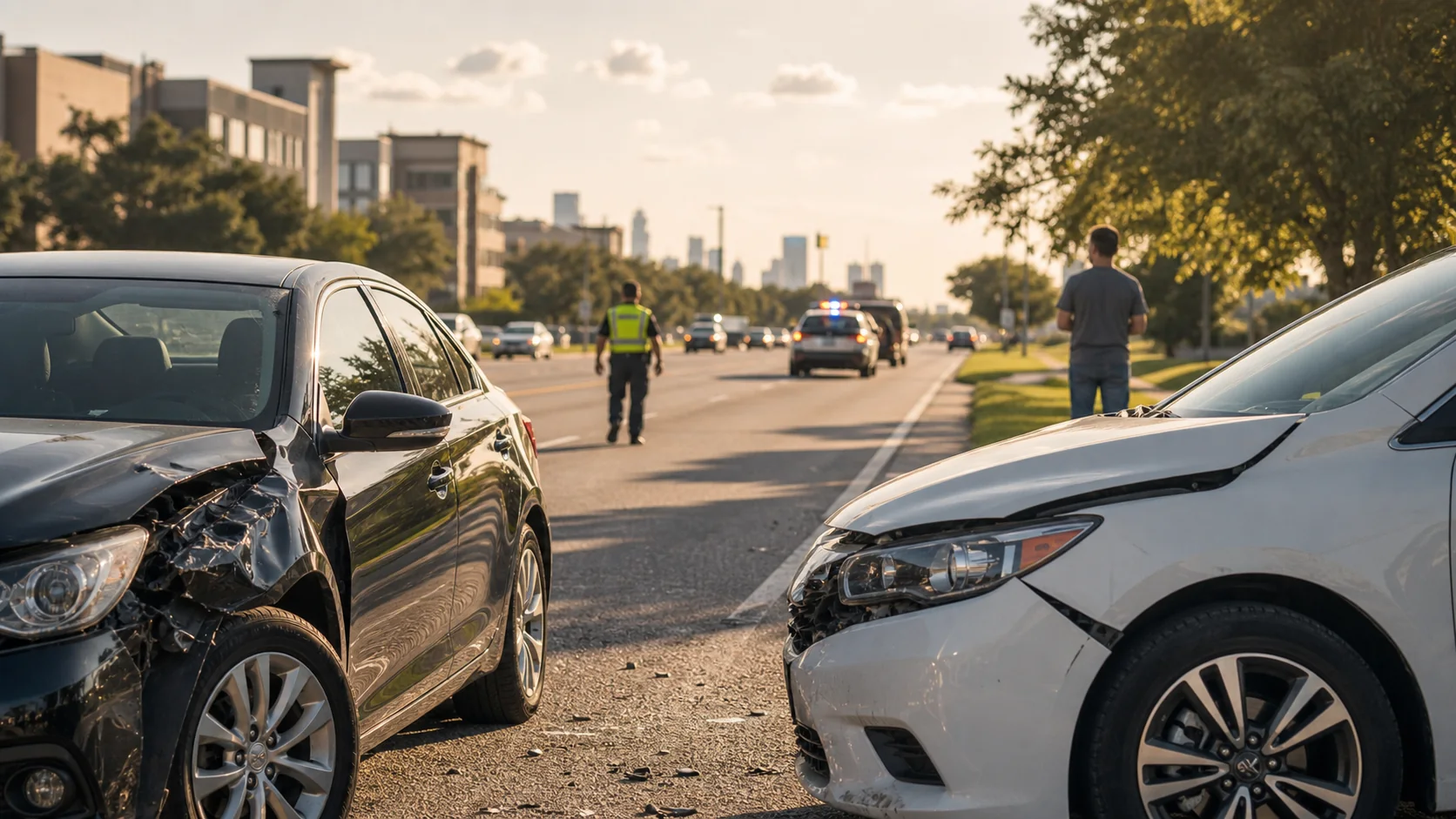 Texas Car Accident – What to Do After a Crash Two damaged vehicles safely stopped after a car accident in Texas